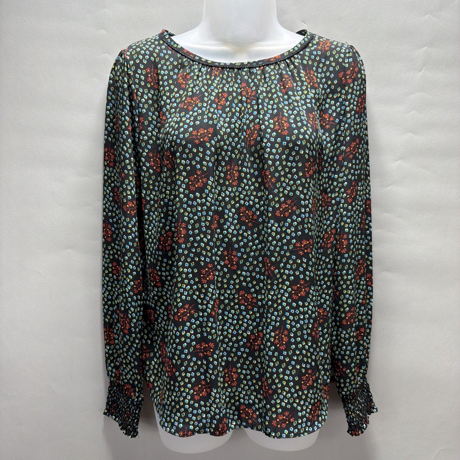 LOFT Black Red Blue Floral Long Sleeve Elastic Wrist Blouse Top Sz XS