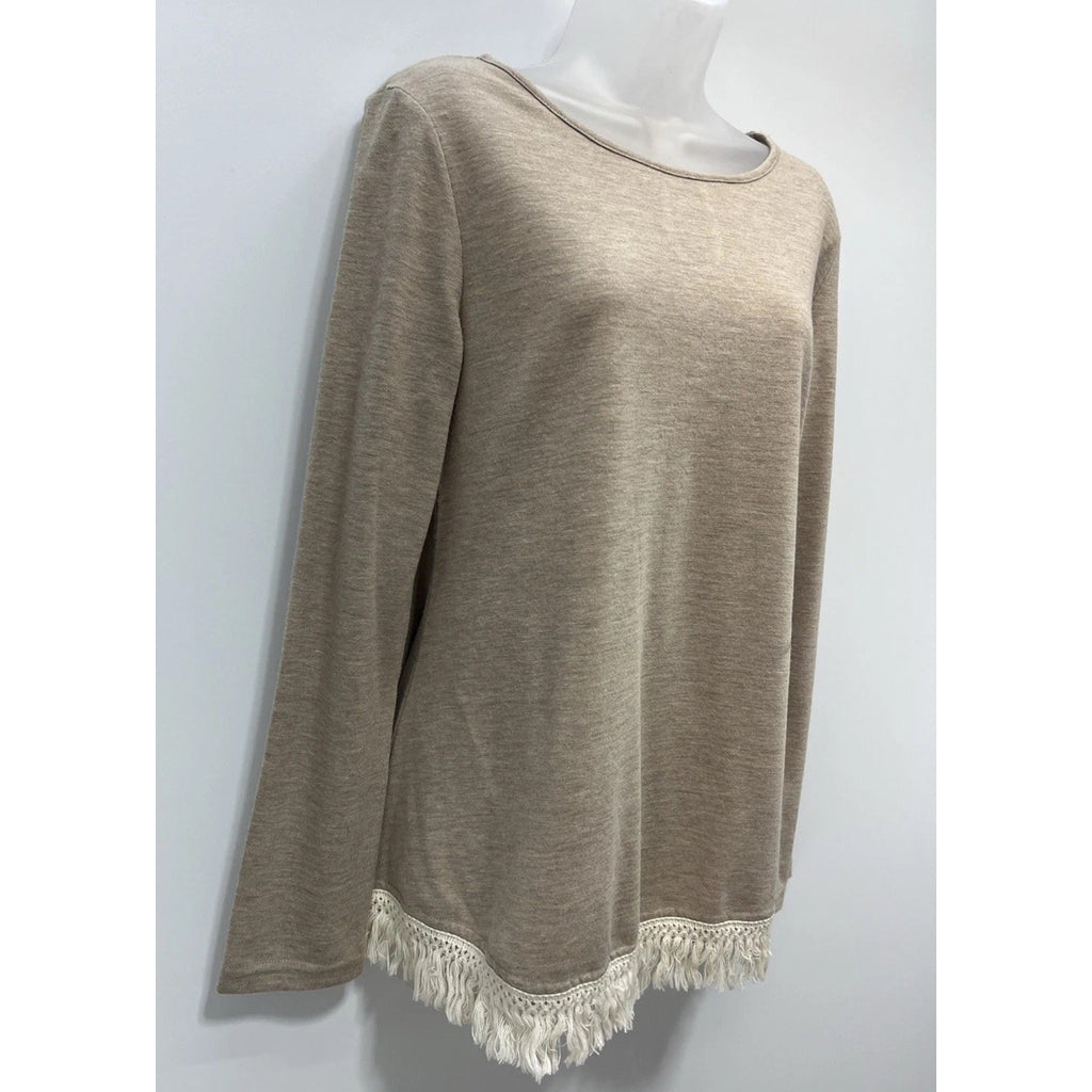 YA Los Angeles Boho Top Shirt Womens Large Brown Waffle Knit Fringe Long Sleeve