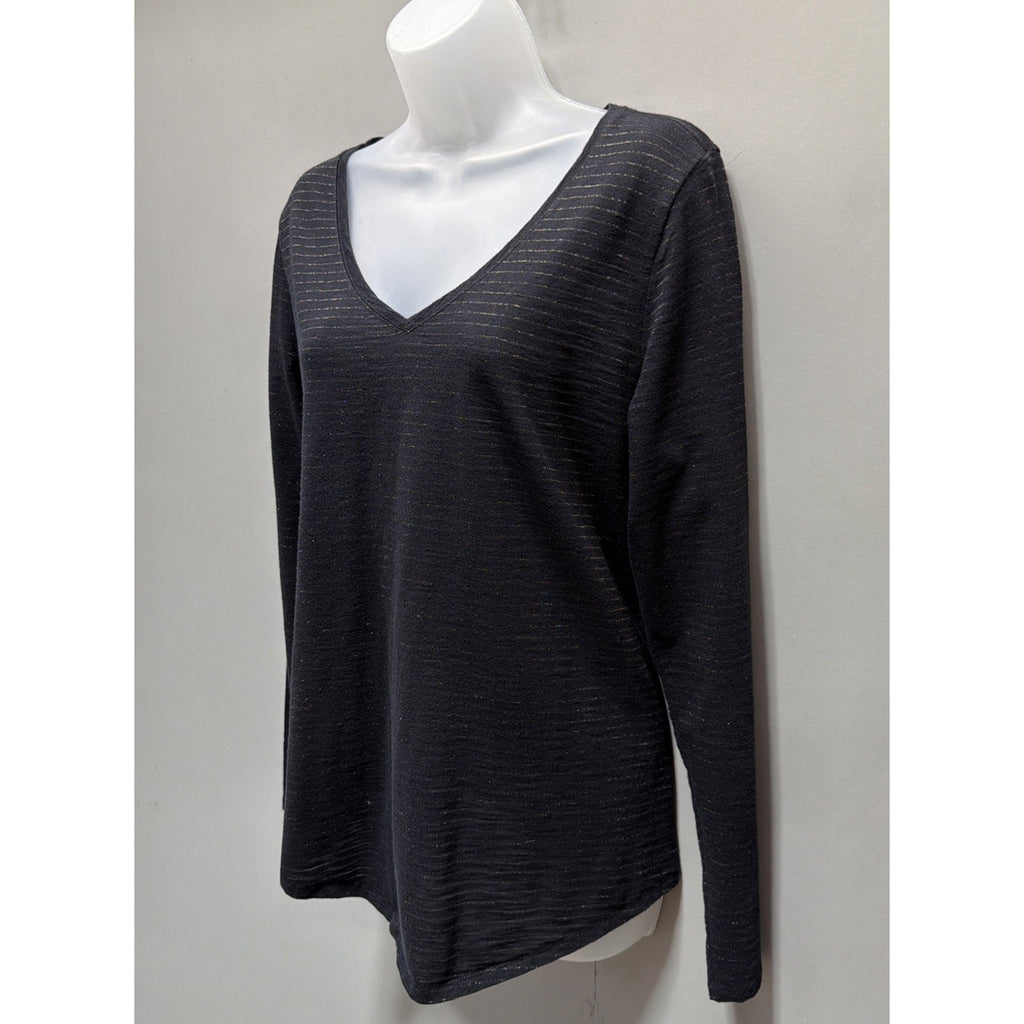 Womens SONOMA Black w METALLIC Stripe Longer Everyday Tee Shirt Top L