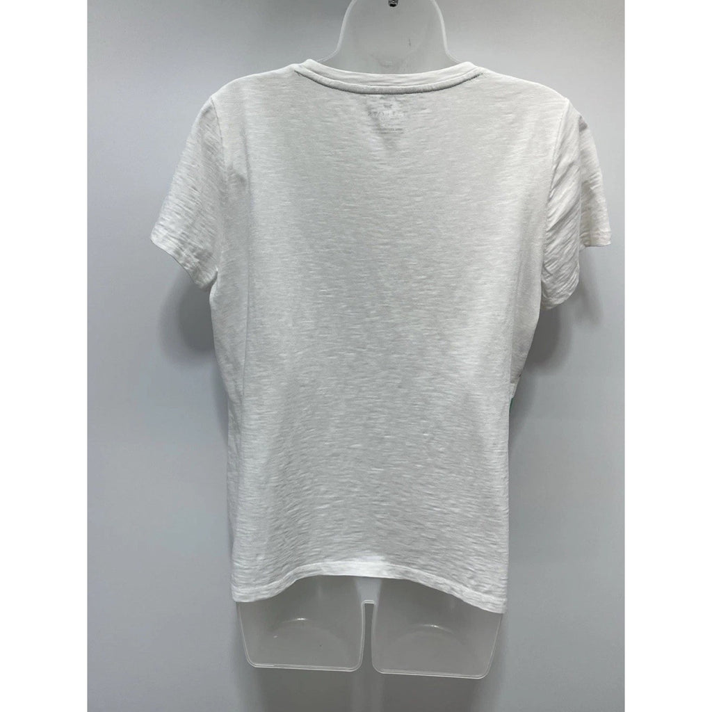 TALBOTS Woman SZ LP White 100% Cotton Multi Color Stripe Short Sleeve