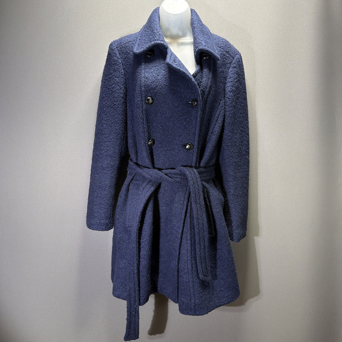 Express Coat Womens Large Blue Boucle Wool Blend Belted Double Breasted Peacoat