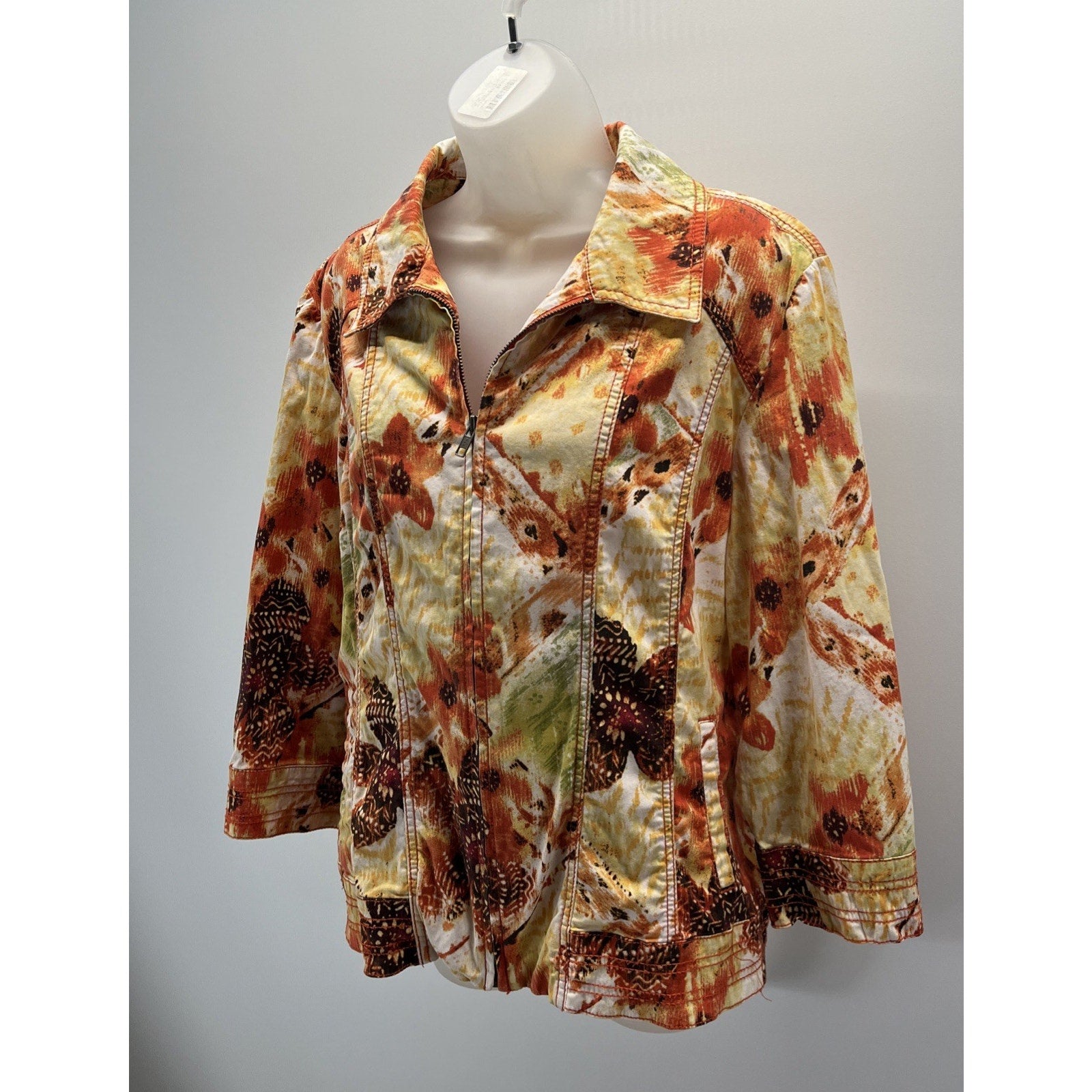 Chicos Jacket Size 3 Womens Size XL Long Sleeve Yellow Orange Zip Cotton Stretch