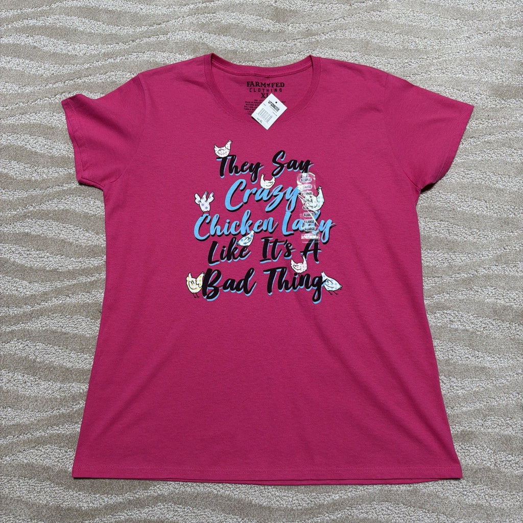 Farm Fed Clothing Pink Crazy Chicken Lady Women's XL Tshirt NWT Funny Humorous