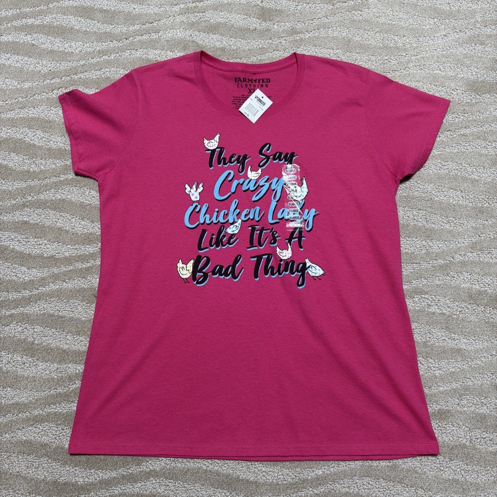 Farm Fed Clothing Pink Crazy Chicken Lady Women's XL Tshirt NWT Funny Humorous