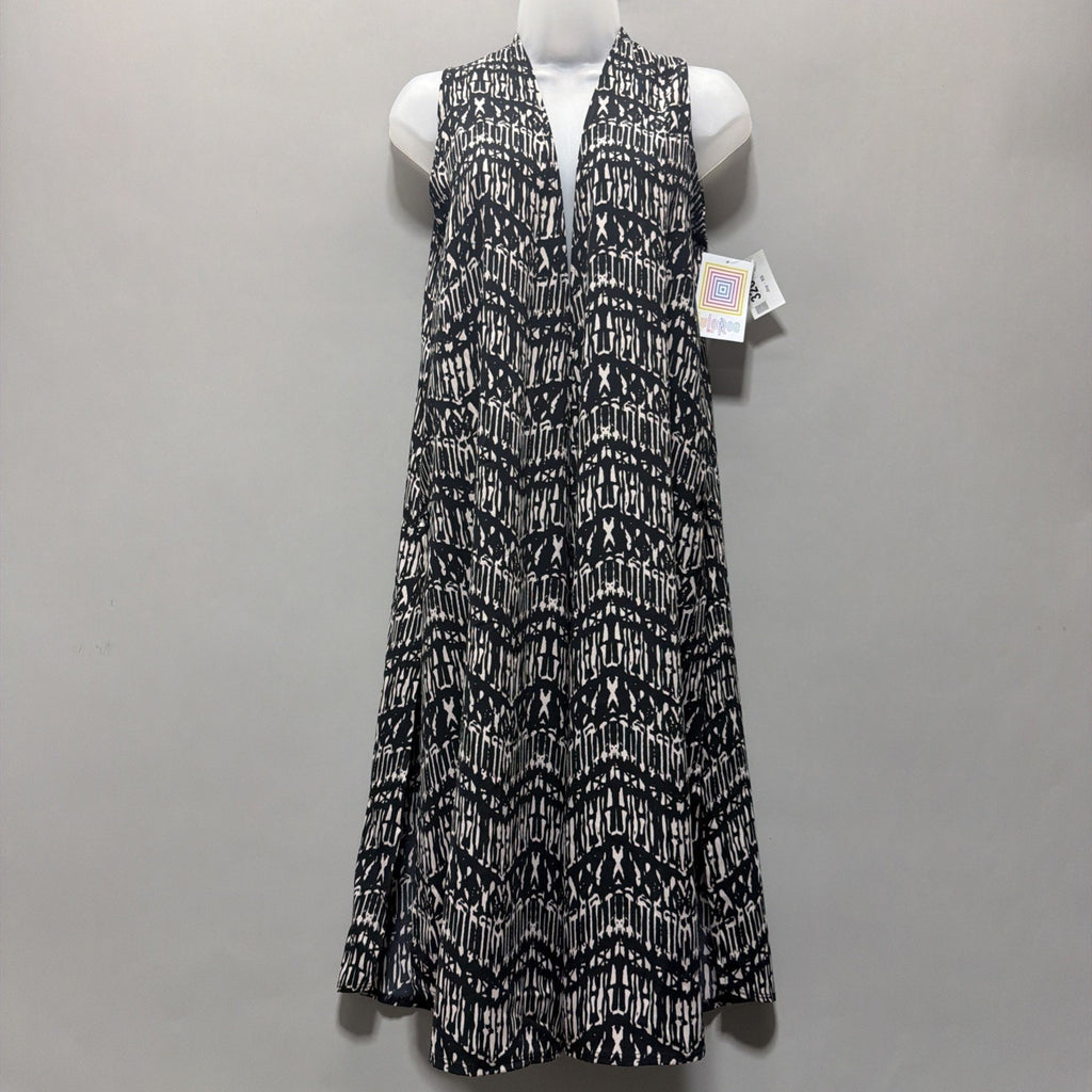 LULAROE Duster Vest JOY XSmall Black White Aztec Pattern Lightweight Slit NWT