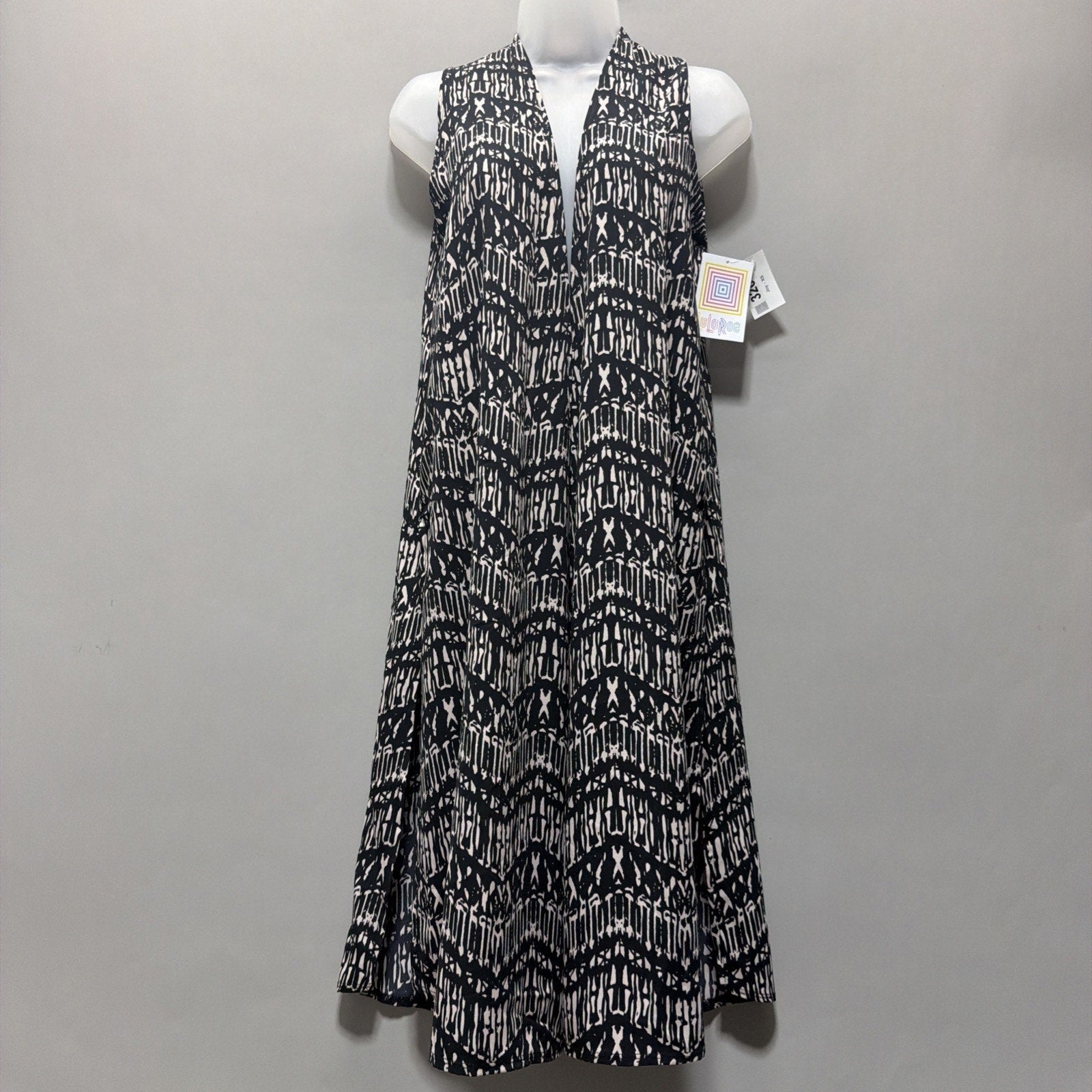 LULAROE Duster Vest JOY XSmall Black White Aztec Pattern Lightweight Slit NWT