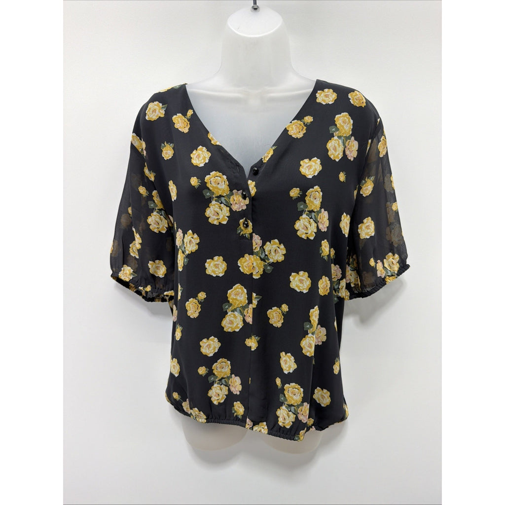 Loft Size XL Top Floral Print Drapey V-Neck Black Lined Blouse Button Front