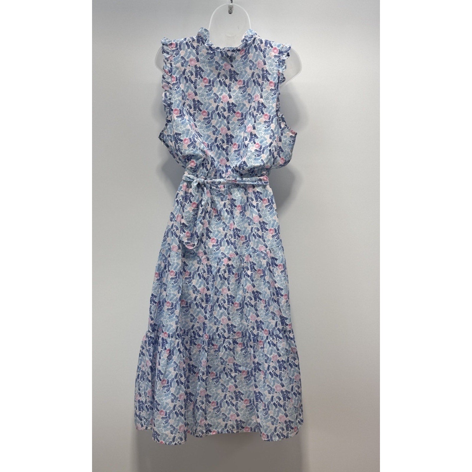 Talbots Blue Pink Floral Tiered Maxi Dress Elastic Waist With Tie Women’s 14 NWT