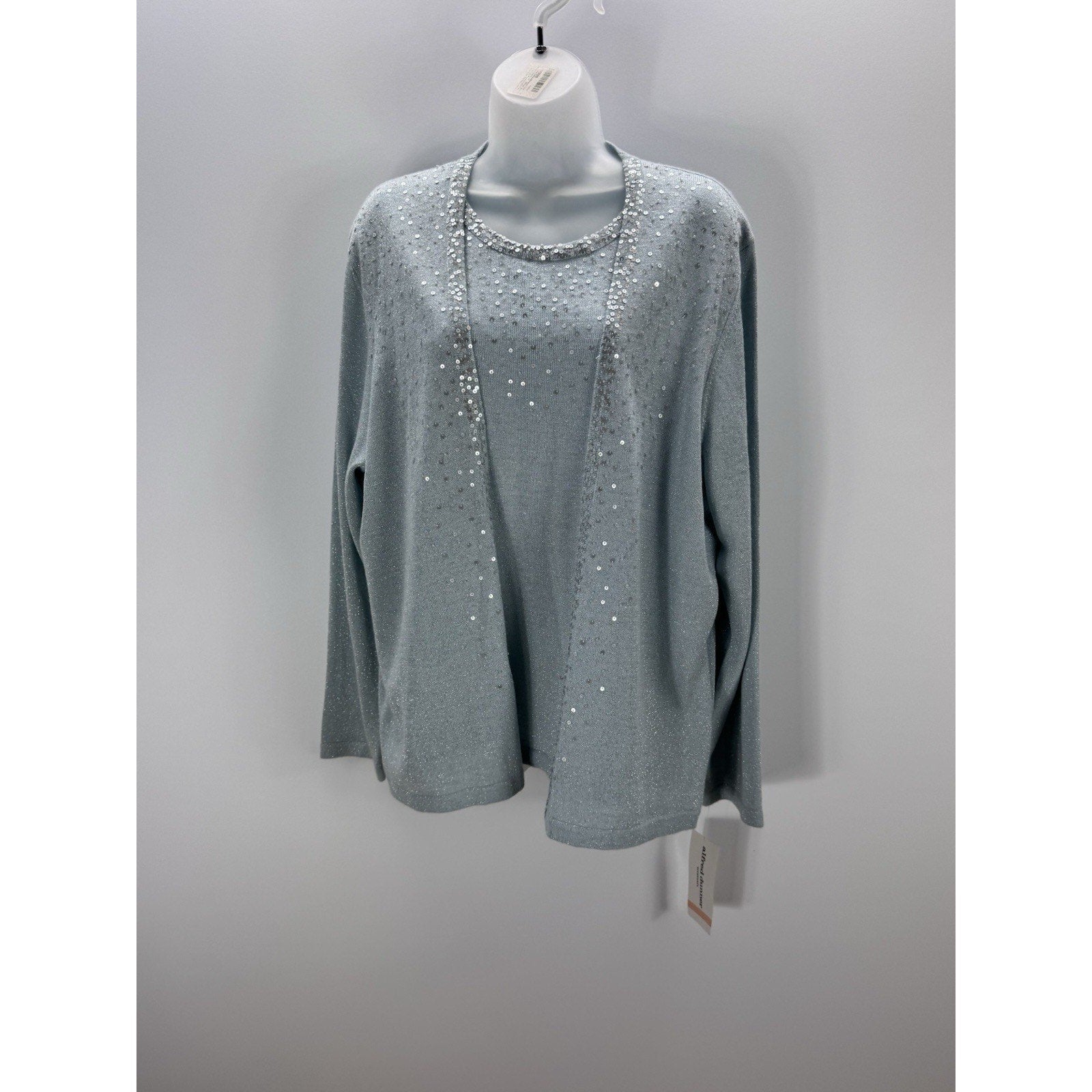 Alfred Dunner 2XL Silver Embellished Cardigan w/Built In Shell Tank Blue