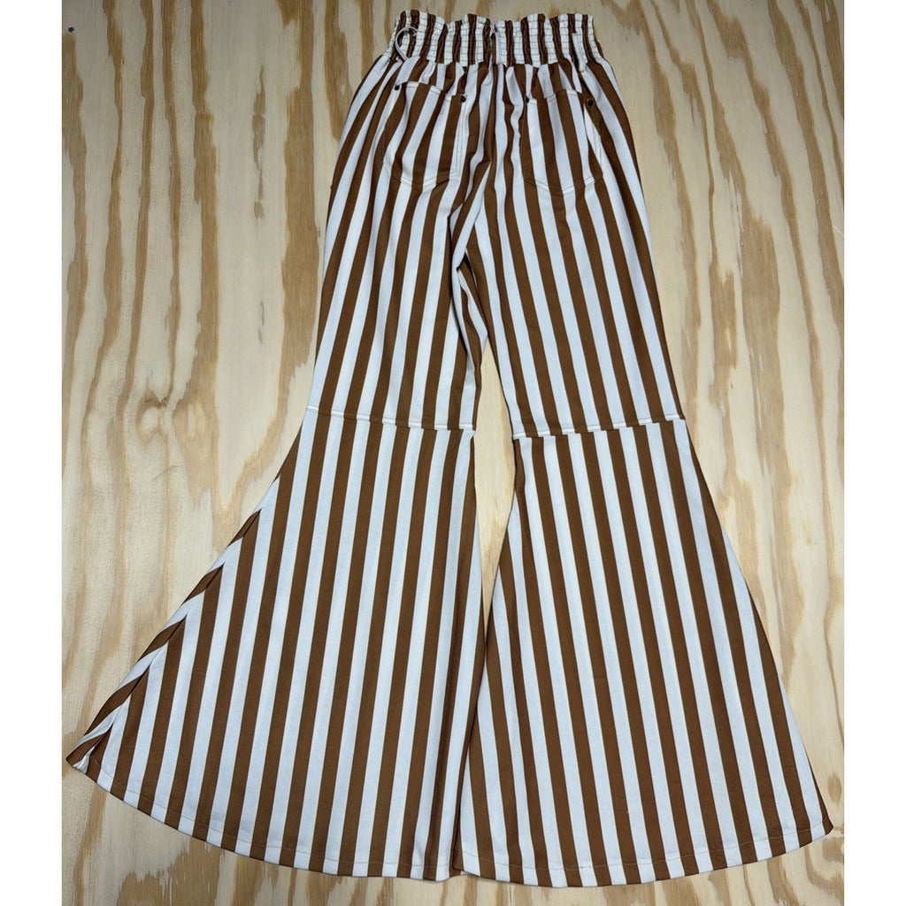 Turquoise Haven Women's Wide Boho Bell Bottom Pants Striped Brown White Medium