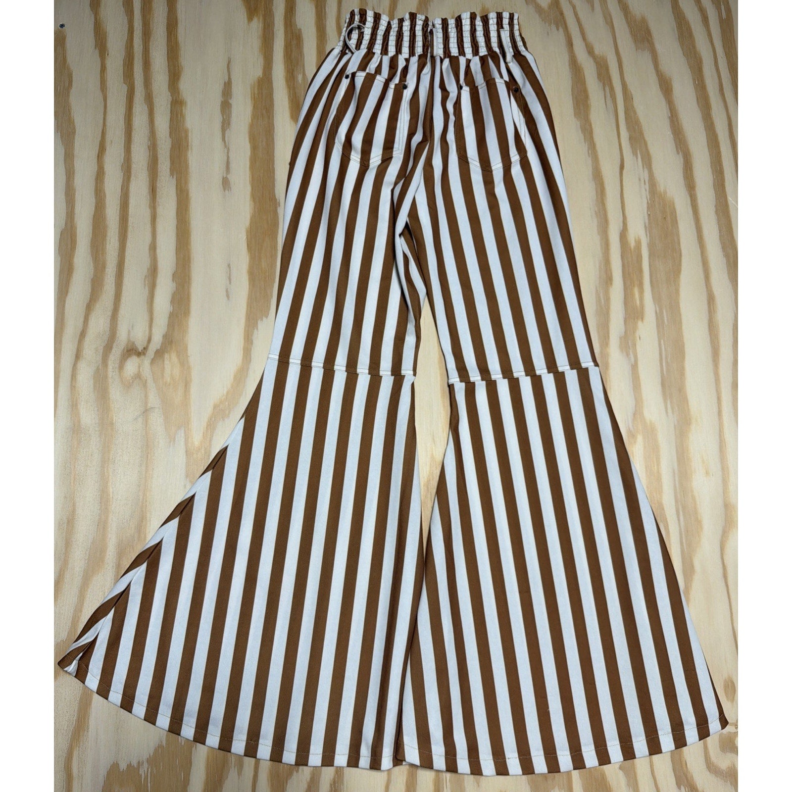 Turquoise Haven Women's Wide Boho Bell Bottom Pants Striped Brown White Medium