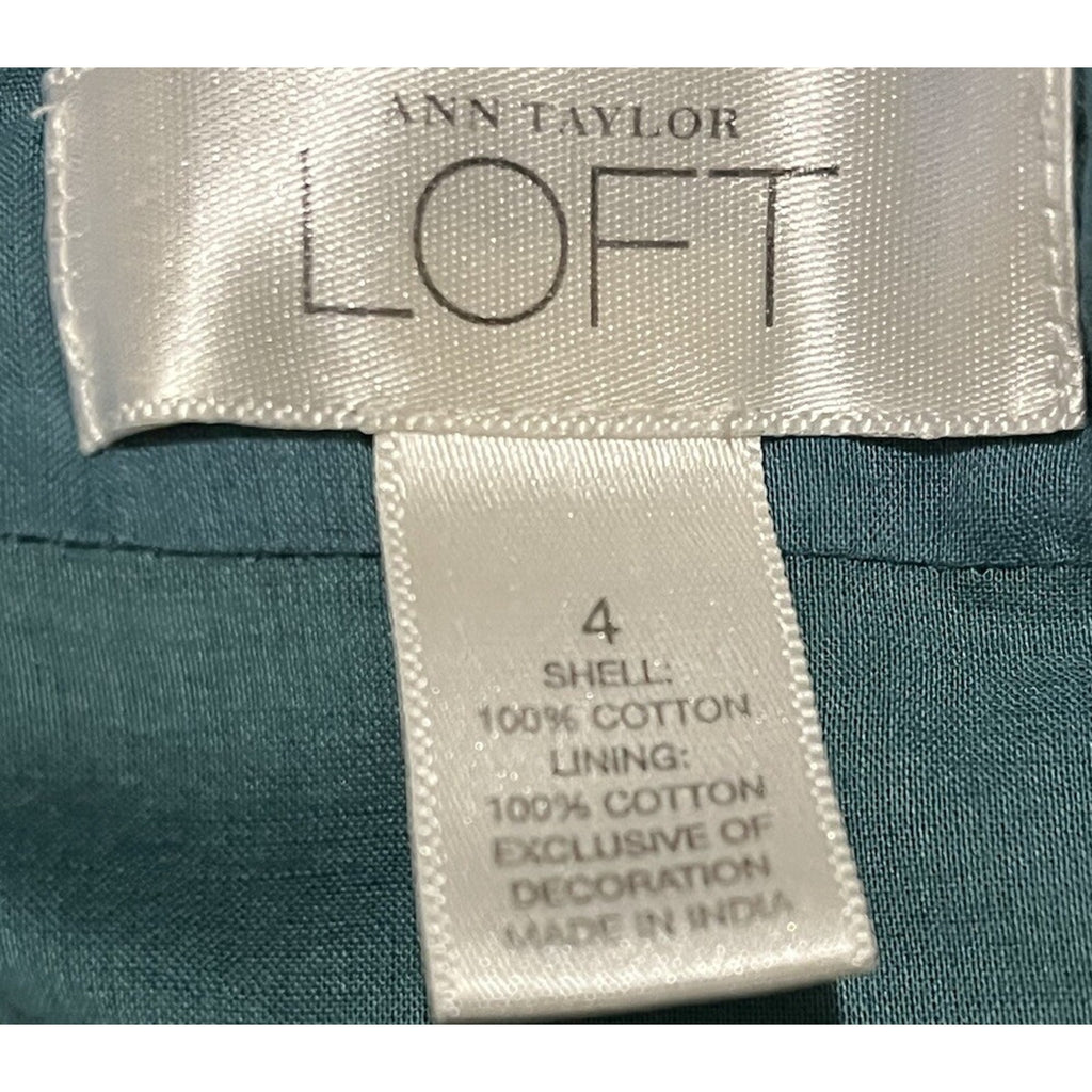 Ann Taylor LOFT Shirt Womens 4 Green Blouse Long Sleeve Embroidered Round Neck