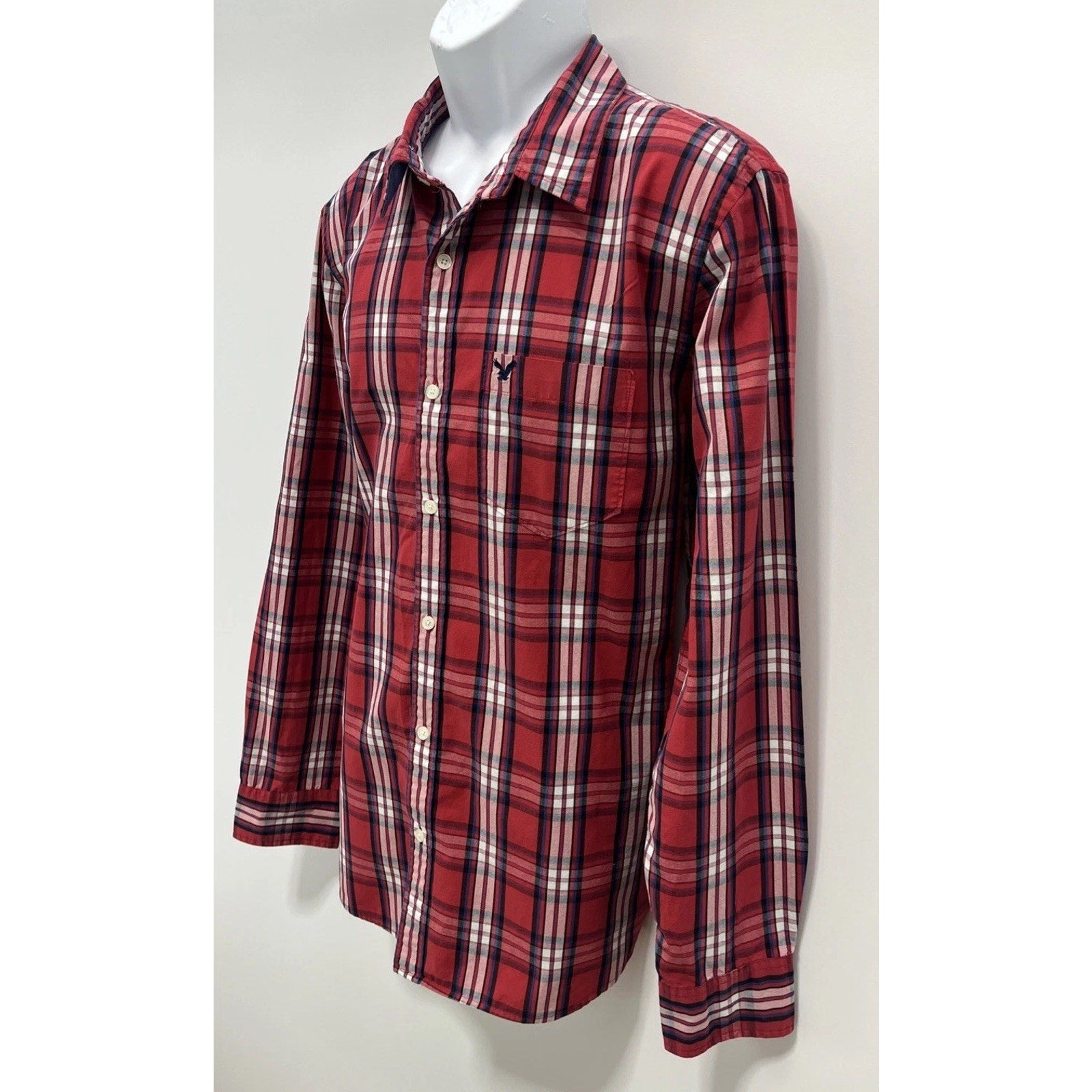 American Eagle Mens Vintage Fit Red Blue Plaid Long Sleeve Button Up Shirt Sz XL
