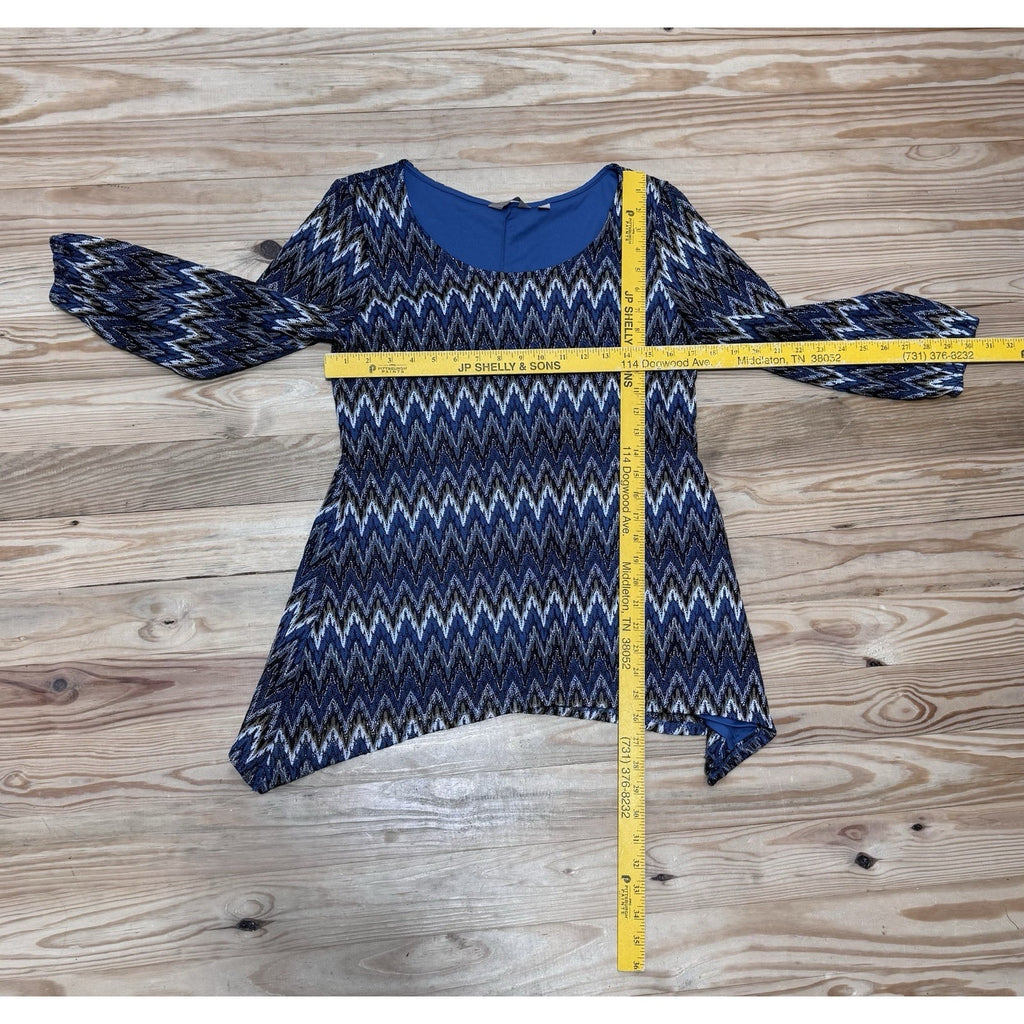 Coral Bay Blue Gold Zig Zag Print Woven Mid Sleeve Tunic Top Size Medium