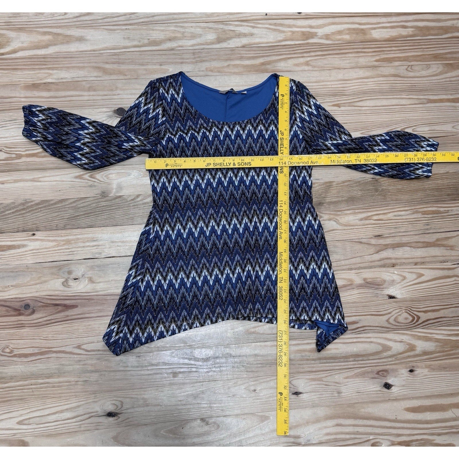 Coral Bay Blue Gold Zig Zag Print Woven Mid Sleeve Tunic Top Size Medium