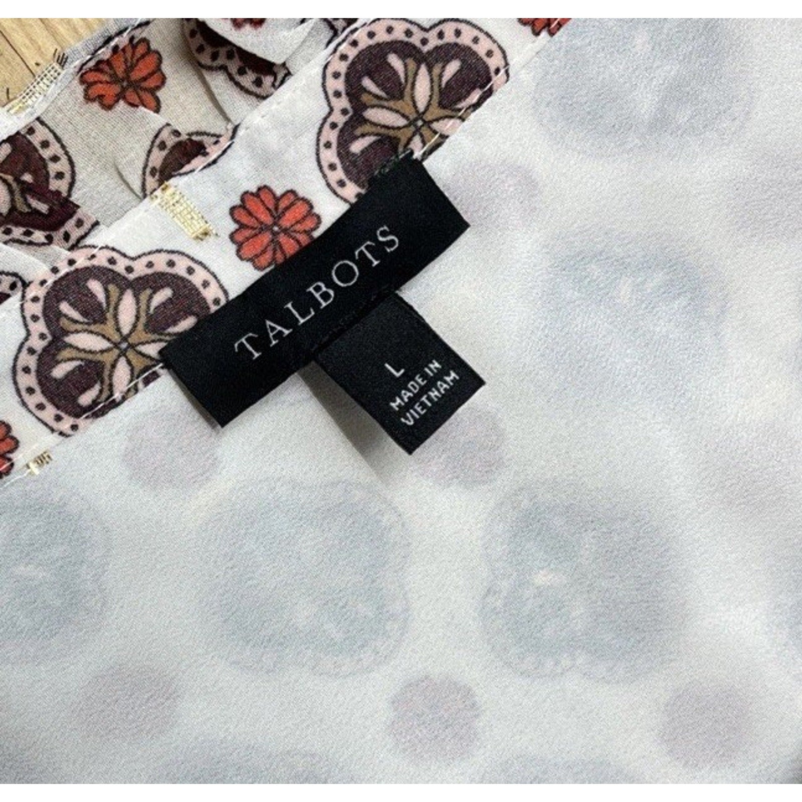 Talbots Damask Print Blouse Size L Floral 1/2 Lined Button Up Semi Sheer Boho