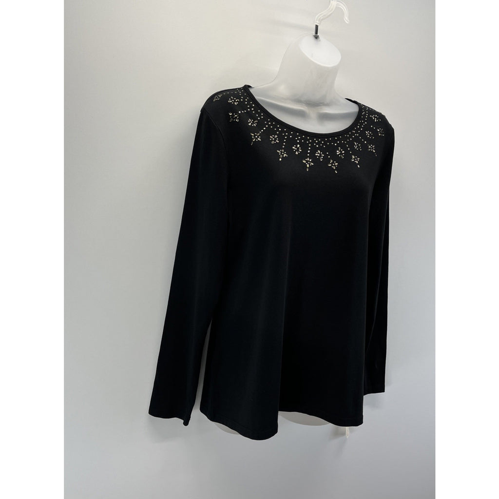 NWT Beautiful Women's M Talbots Black Sequined Design Long Sleeve Knit Top