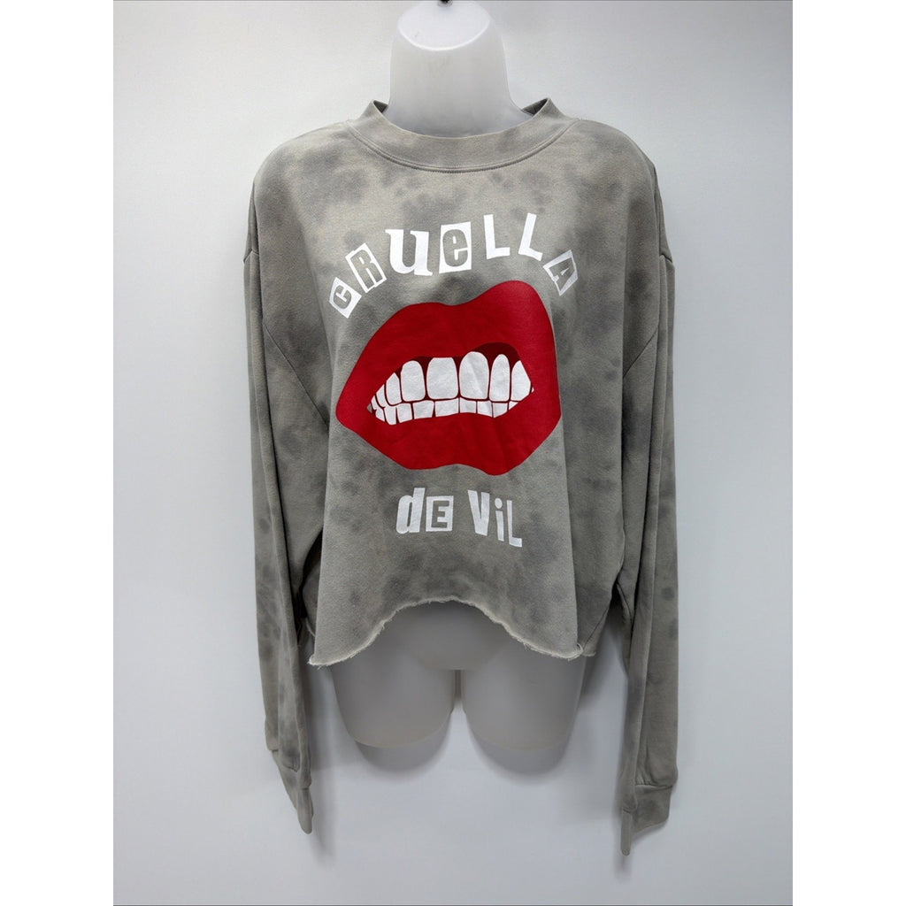 Disney CRUELLA De Vil Women's Fleece Sweater Tie Dye Grey Gray Lips Size 2XL