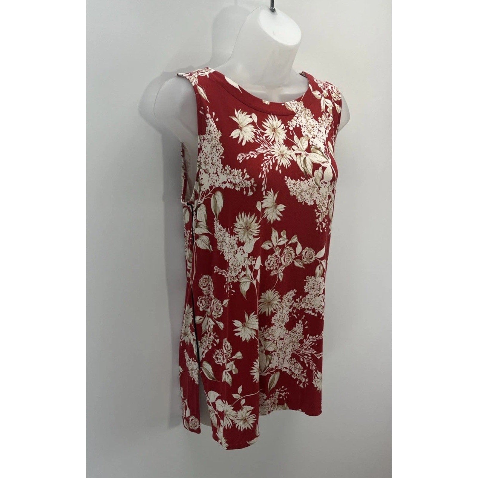 J Jill Wearever Womens Floral Tank Top Red Beige Boho Cottagecore Travel M