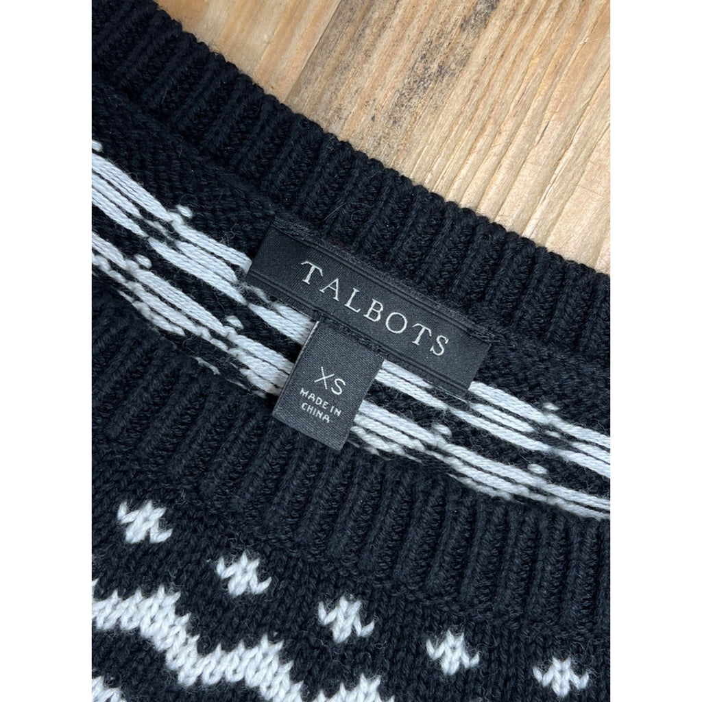 Talbots Nordic Print Sweater Size XS Black White Dolman Sleeves