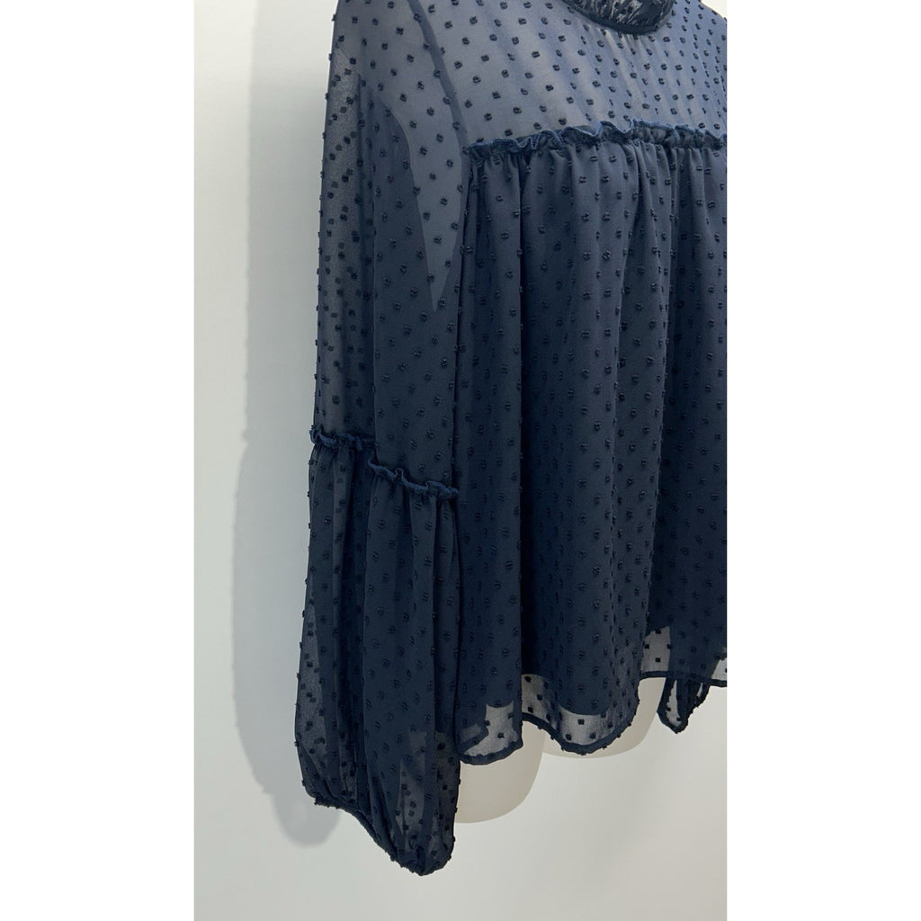 Le Lis Polka Dots Ruffled Neck Long Sleeve Blouse Size Large Blue . Made In USA