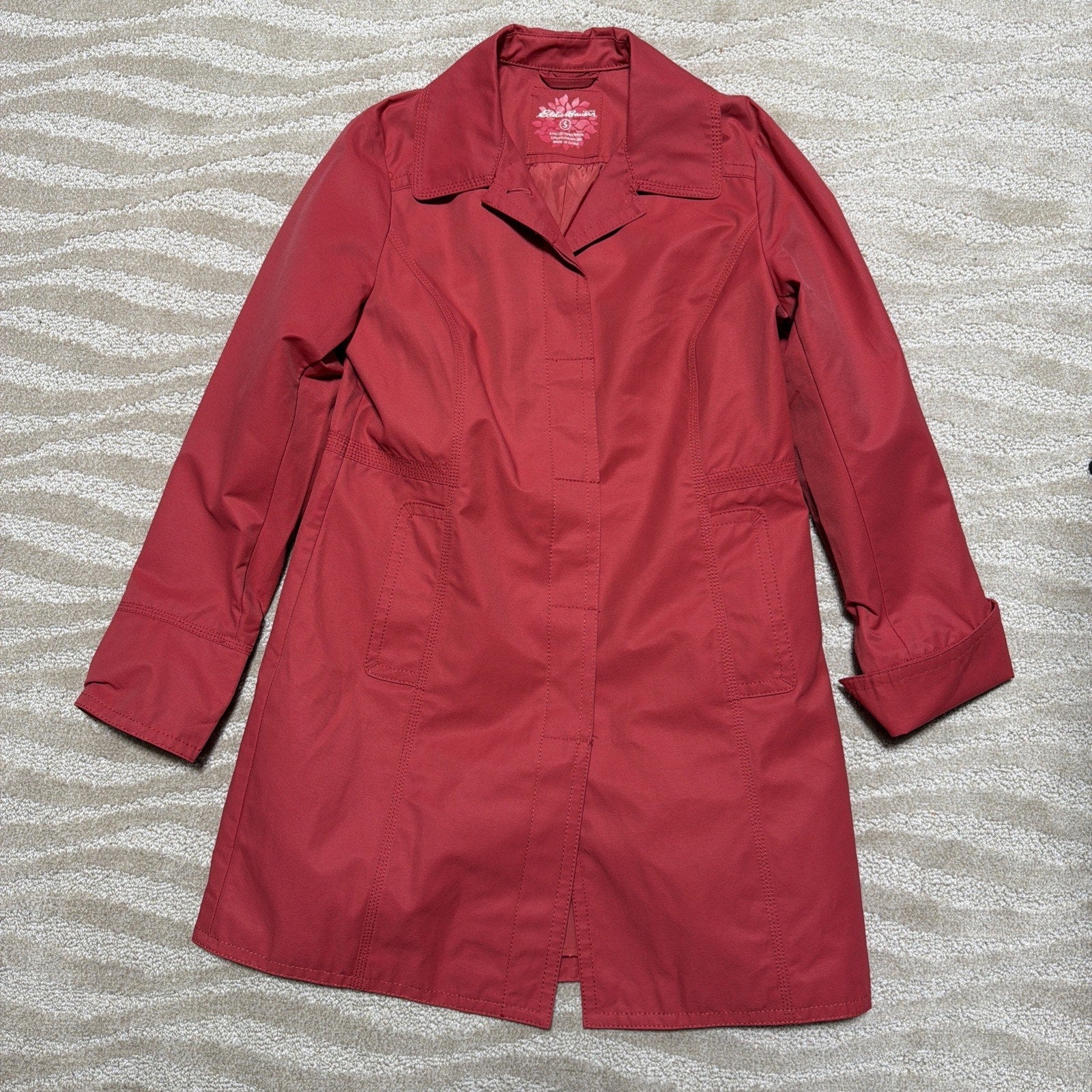Eddie Bauer S Coral Pink Cotton Nylon Button Trench Midi Rain Coat Jacket