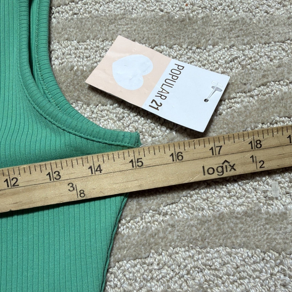 Popular 21 Green Ribbed Knit V Neck Sleeveless Bodycon Mini Dress M Stretch New