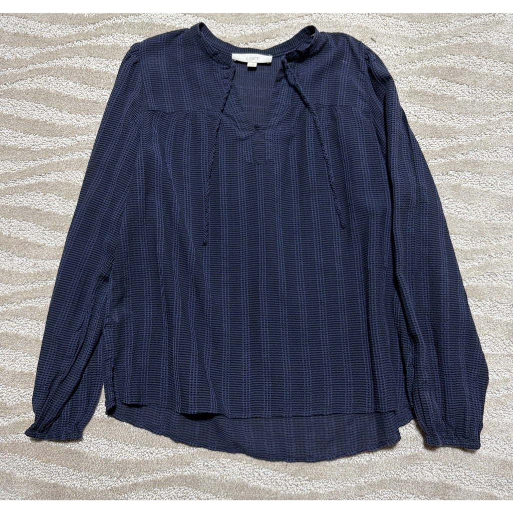 Loft Women's Long Sleeve Blouse Top Tie V Neck Textured Blue Size Medium