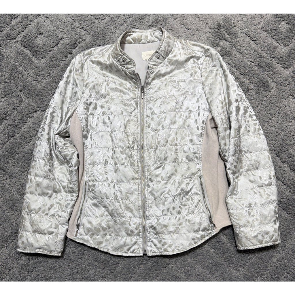 Chicos Puffer Jacket Gray metallic Animal Print Zip Up Stretch Sz 2 large