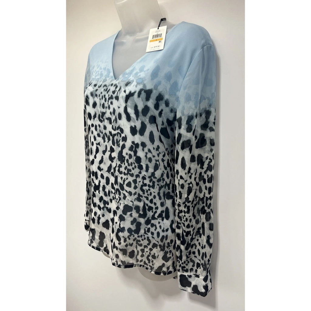 Calvin Klein Women’s Sz S Blue/snow Leopard Long Sleeve Lined V Neck Blouse NWT