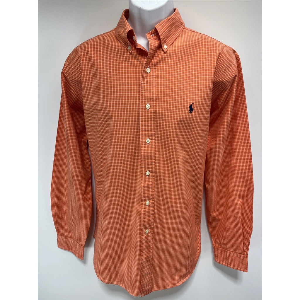 Ralph Lauren Classic Fit Orange Gingham Plaid L/S Button Shirt 100% Cotton Sz L