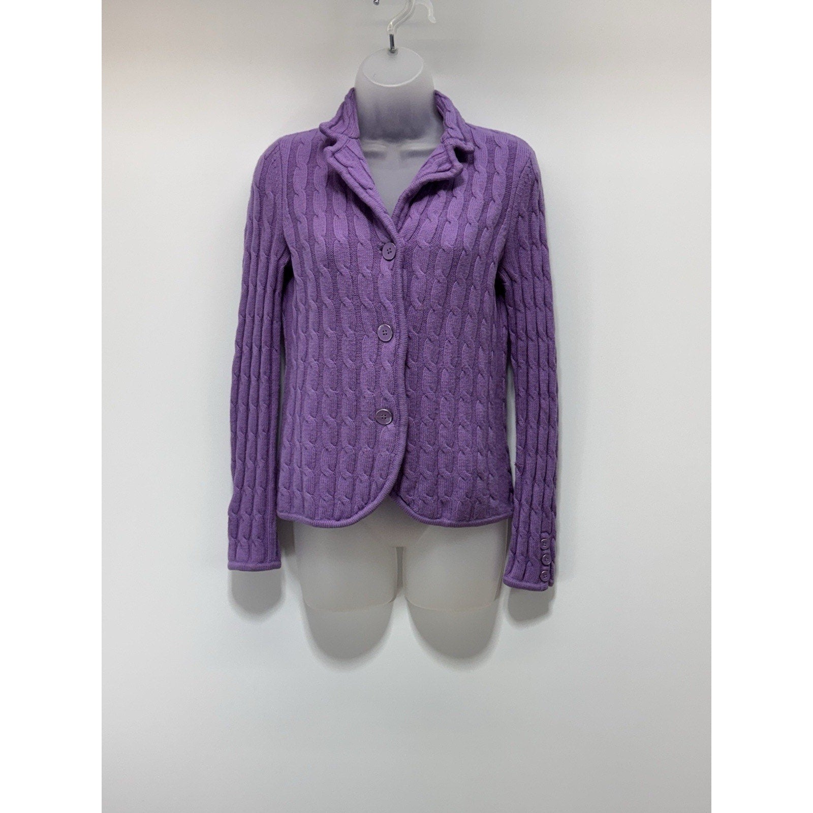 TALBOTS Purple Cable Knit Merino Wool Cardigan Sweater Jacket Women’s Size SP