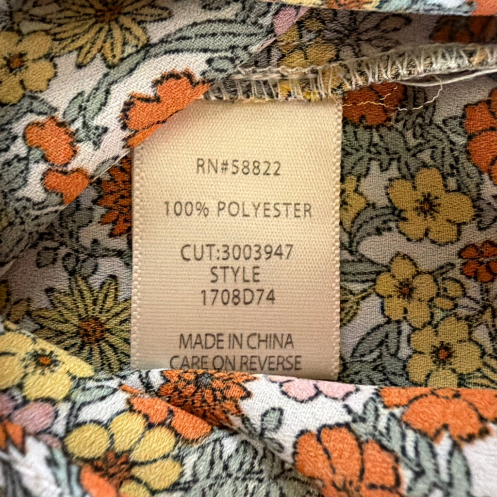 Max Studio Top Womens L Floral Boho Chic Ruffle Tie Neck Casual Career Shirt