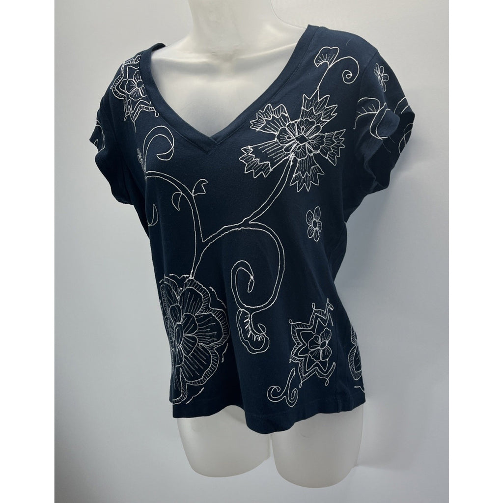 Chico’s Size 1 Large Navy Cotton Embroidered Flowers Cotton Short Sleeve T-Shirt