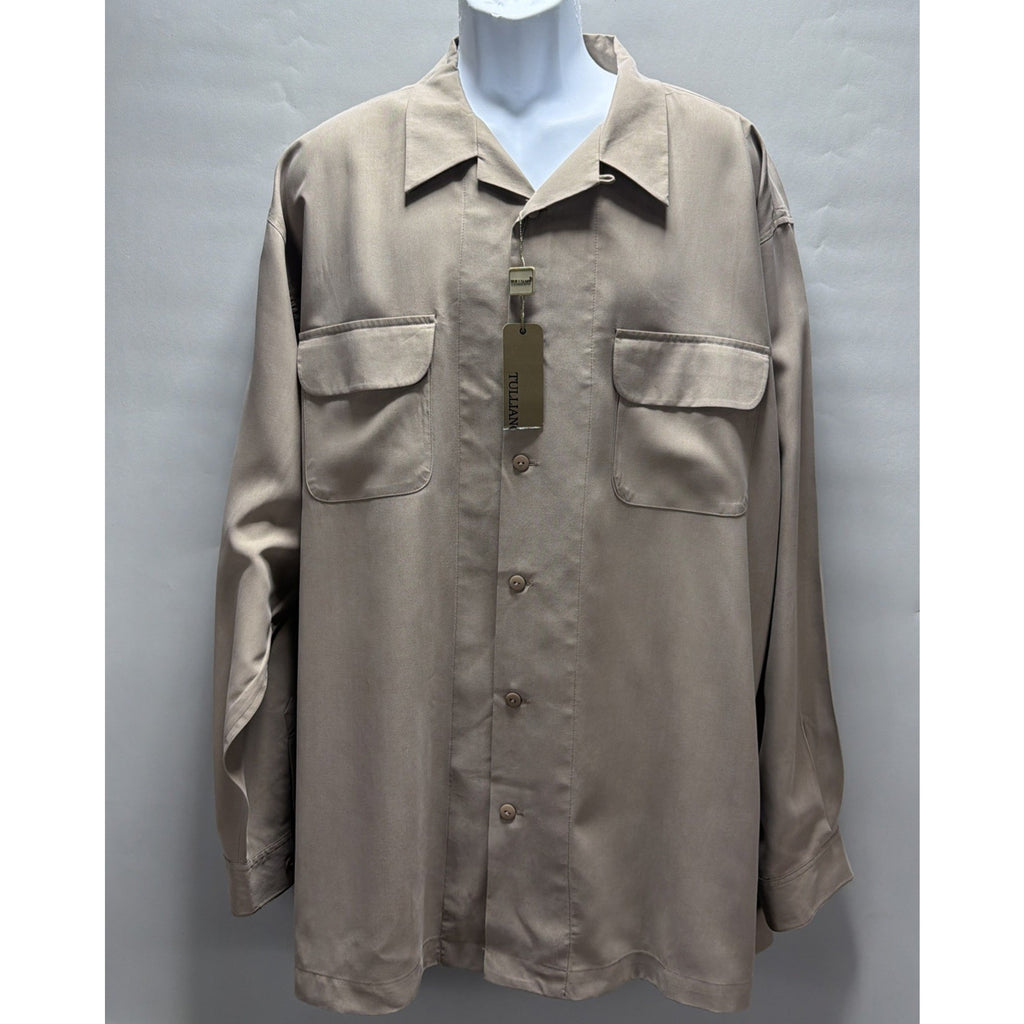 Tulliano 100% Silk Taupe Button Front Shirt Menswear 2XL Luxury Pocket NWT