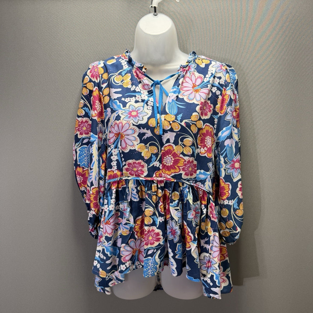 Umgee USA Women Floral Boho Babydoll Tunic Top Navy Tie Neck Long Sleeve
