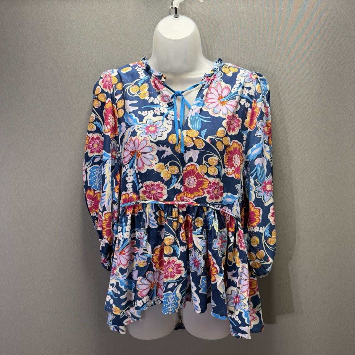 Umgee USA Women Floral Boho Babydoll Tunic Top Navy Tie Neck Long Sleeve