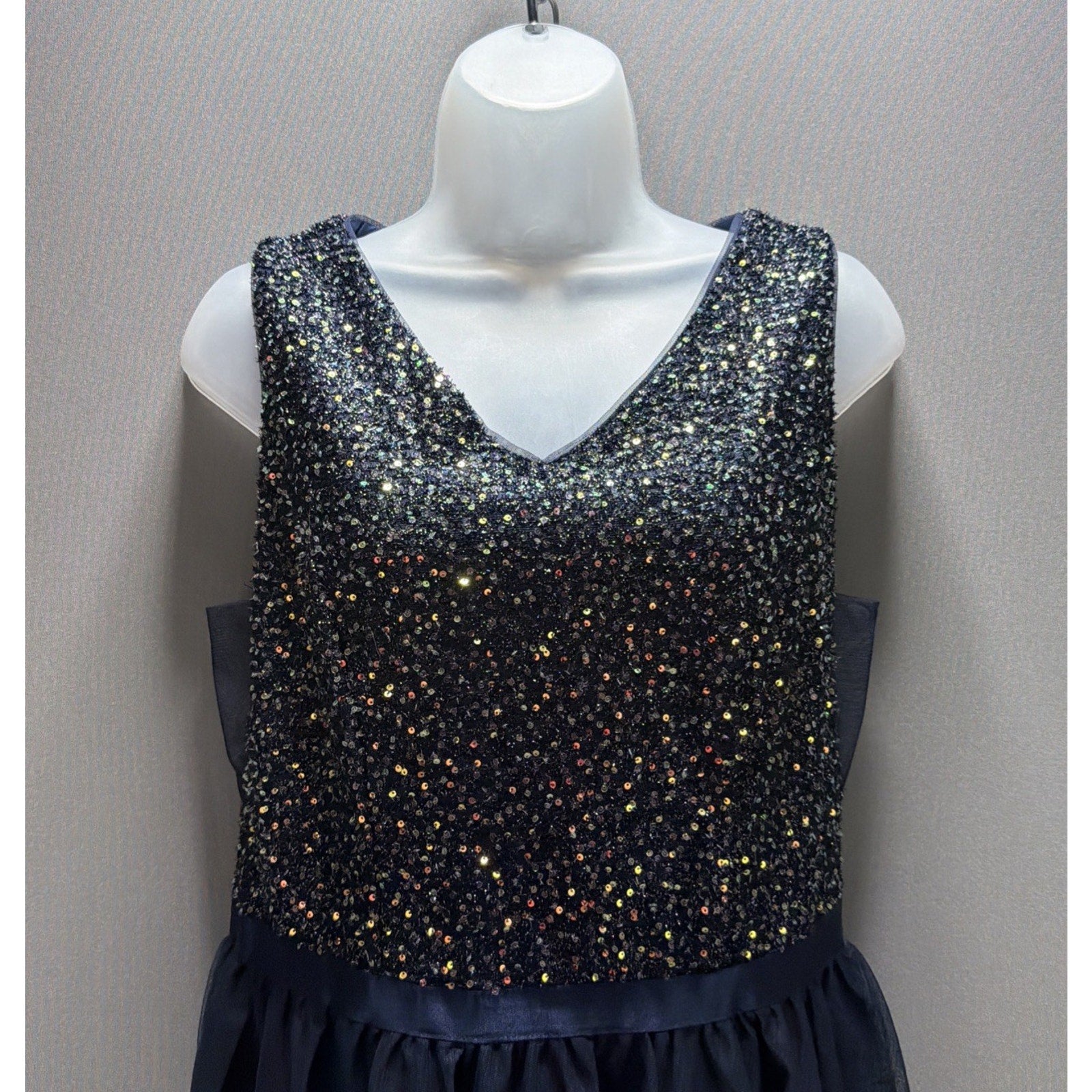 BeryLove L Navy Sequin High Low Formal Dress Sleeveless V Neck Tulle NWT