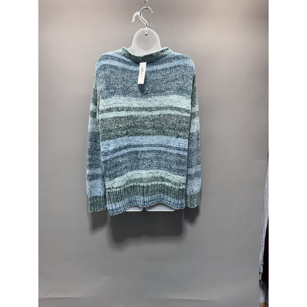 Style & Co Fuzzy Crew Sweater Womens Large Blue Green Striped Soft Plush Cozy