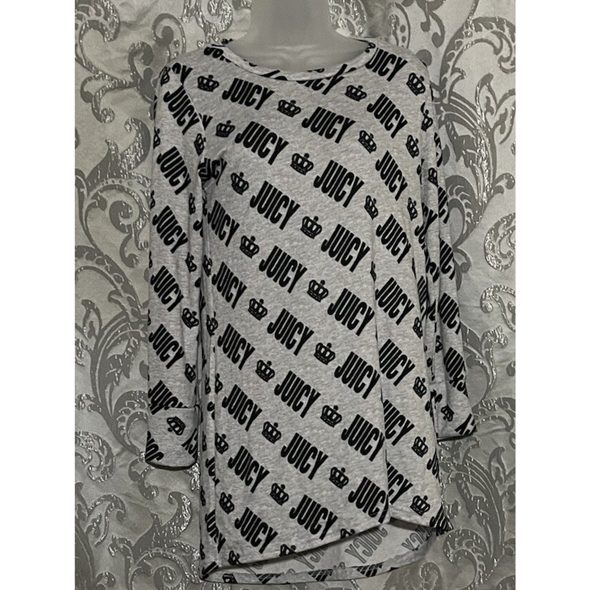 NWT Juicy Couture Shirt Women M Gray Crown Logo All Over Long Sleeve Pullover