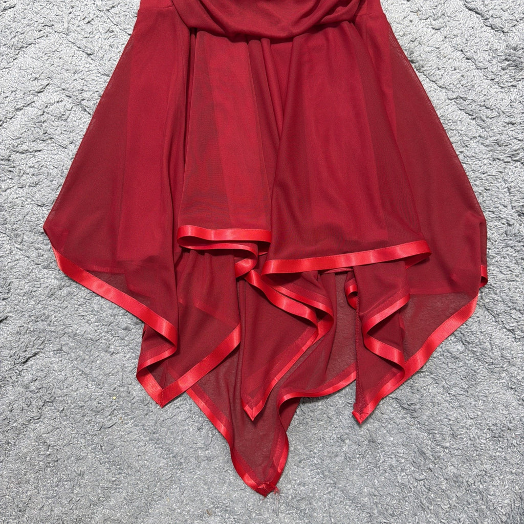 Y2K Taboo Asymmetrical Hem Midi Dress VTG 2000s Red /Slinky/Rhinestones Buckle M