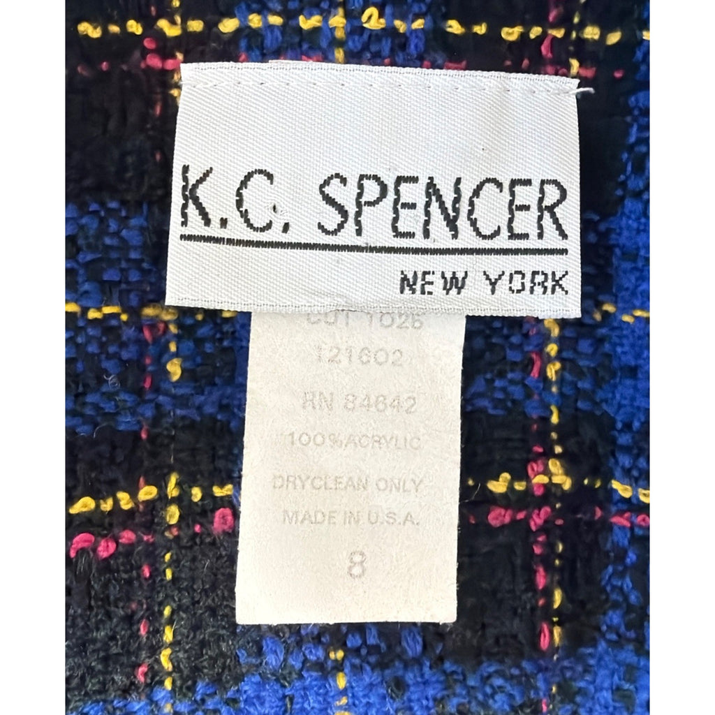 Vintage 90’s K.C Spencer New York Blue Plaid Tweed Boucle Blazer Jacket 8 USA