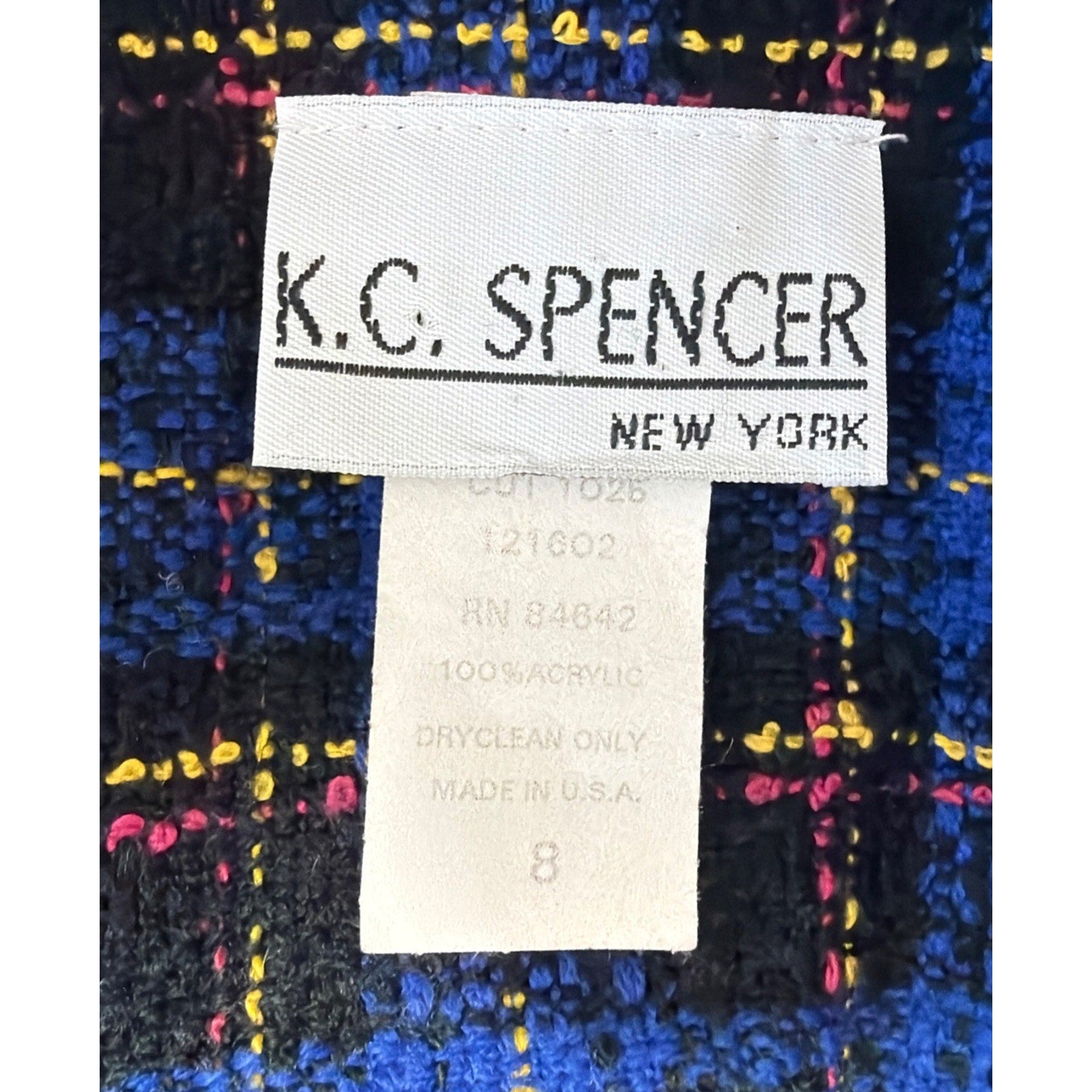 Vintage 90’s K.C Spencer New York Blue Plaid Tweed Boucle Blazer Jacket 8 USA