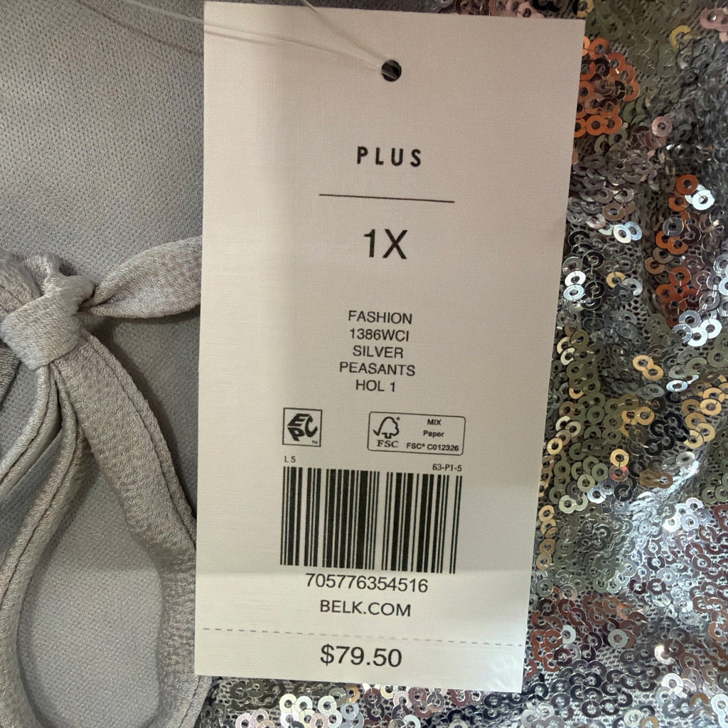 Crown & Ivy Silver Sequin Blouse 1X Lined Stretch Top Balloon Sleeve Sparkle NWT