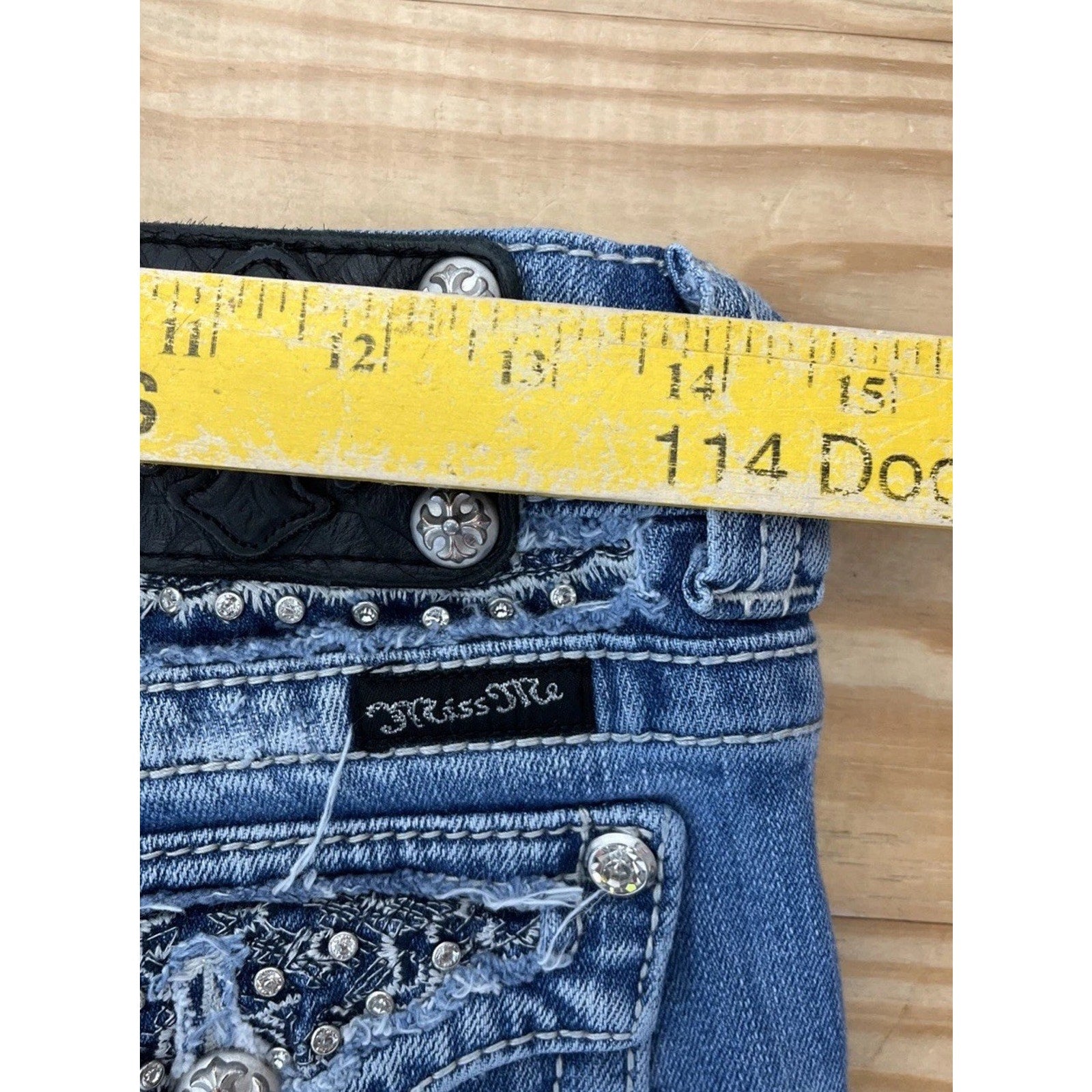 Miss Me Jeans Womens Blue Embellished Distressed Bootcut 27x29.5 Hem