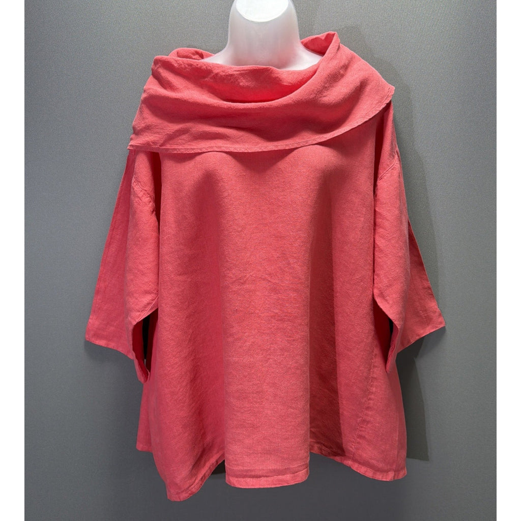 La Fixsun Women M Coral 100% Linen Cowl Neck Lagenlook Tunic Top Made USA