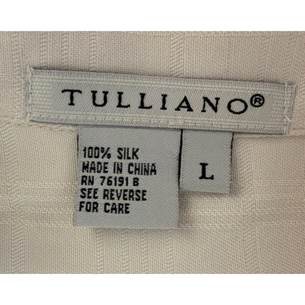 Tulliano Men’s L 100% Silk Camp Shirt Ivory Window Pane Short Sleeve Button Up
