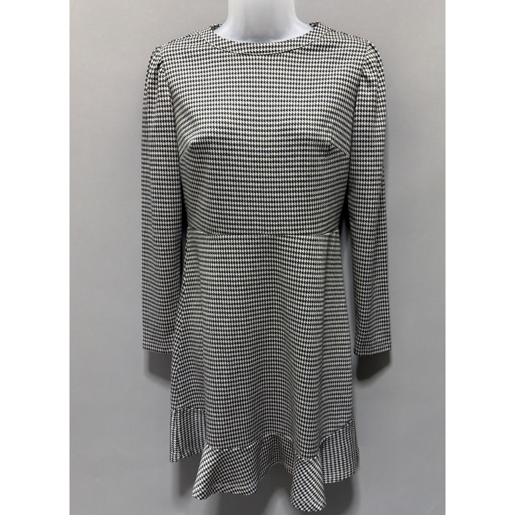 LOFT Houndstooth Ruffle Trim Flounce Long Sleeve Soft Knit Dress Size 2