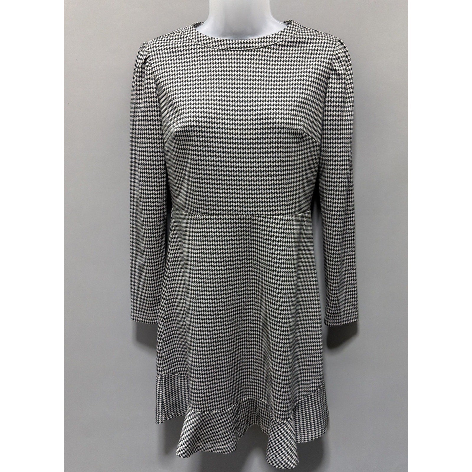LOFT Houndstooth Ruffle Trim Flounce Long Sleeve Soft Knit Dress Size 2