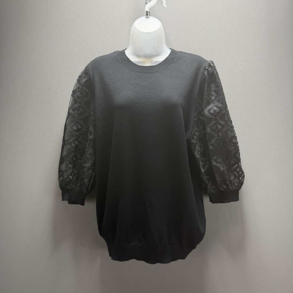 Jade By Melody Tam Women M/L Black Knit Sweater Sheer Floral Lace Balloon Sleeve